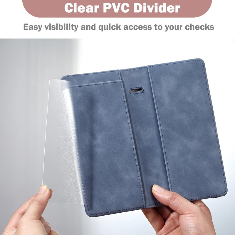 Hot Cool Checkbook Cover with Elastic Band - Premium Leather Clear PVC Divider Durable, Compact, and Multi-Functional Holder Wallet Case for Man and Woman, Skin - Blue - Image 5